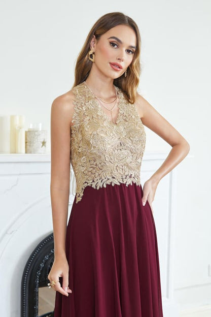 Elegant V-Neck Chiffon Long Evening Dress Sleeveless Gold Appliques Aline Special Occasion Dress