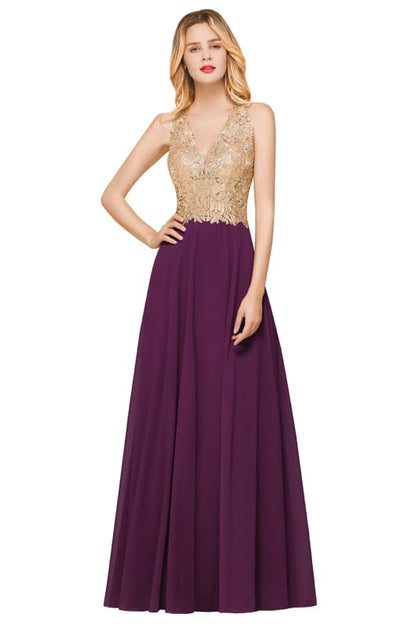 Elegant V-Neck Chiffon Long Evening Dress Sleeveless Gold Appliques Aline Special Occasion Dress
