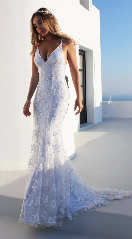 Elegant V-Neck Mermaid Prom Dress Lace Appliques Evening Party Gowns