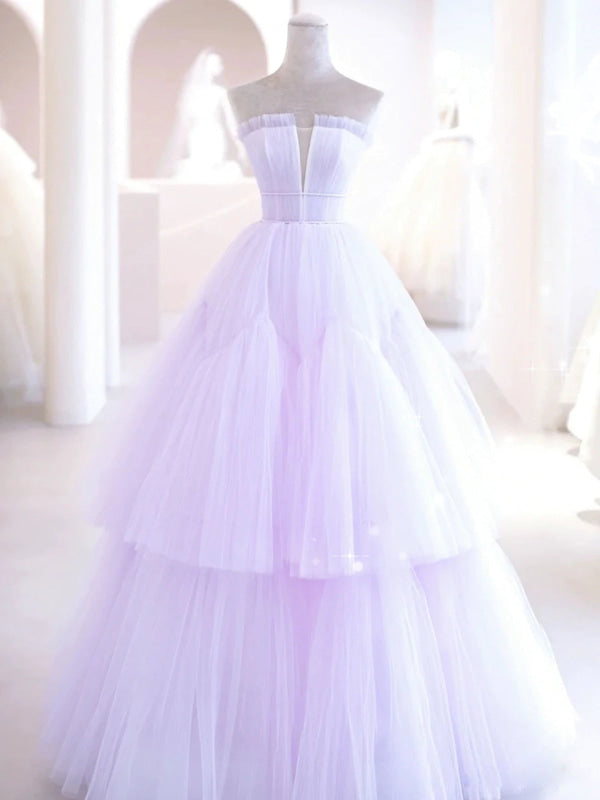 Elegant V Neck Purple Tulle Long Prom Dresses, Strapless Lilac Tulle Formal Evening Dresses, Lavender Ball Gown