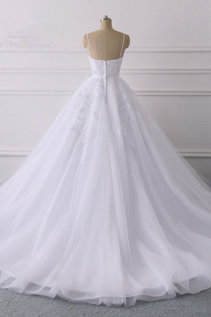 Elegant V-Neck Wedding Dress with Lace Appliques and Spaghetti-Straps