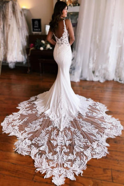 Ivory Mermaid Wedding Dress with Lace Appliques & Cathedral Train