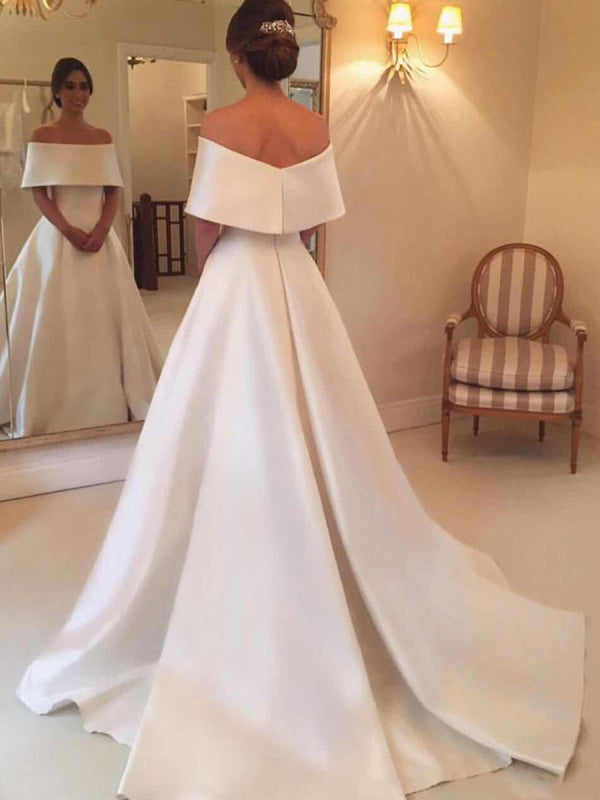 Elegant White Off Shoulder Satin Wedding Dress