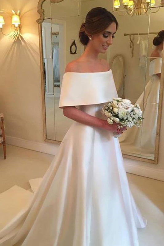 Elegant White Off Shoulder Satin Wedding Dress