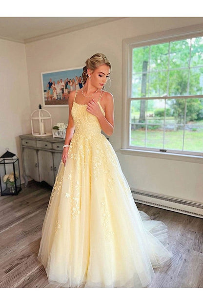 Sweet Yellow A-line Tube Top Embroidered Tulle Long Prom Dress Evening Dress cc4766