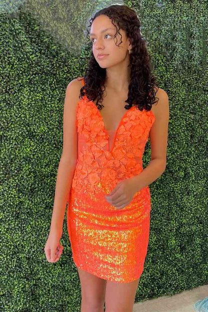 Orange Sequin Appliques Backless Short Dress
