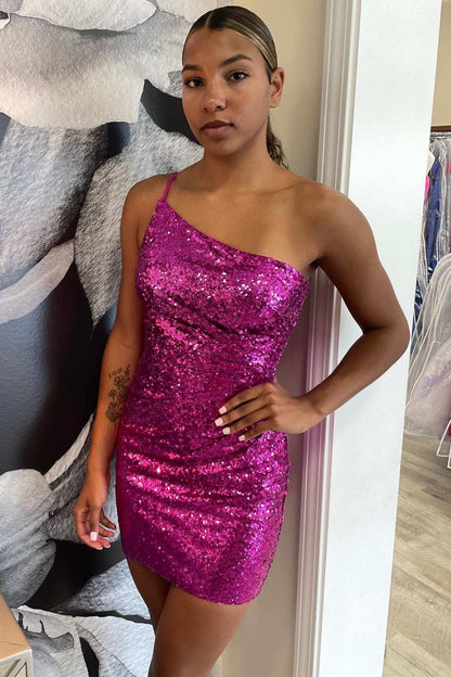 Black Sequin One-Shoulder Backless Tight Mini Dress