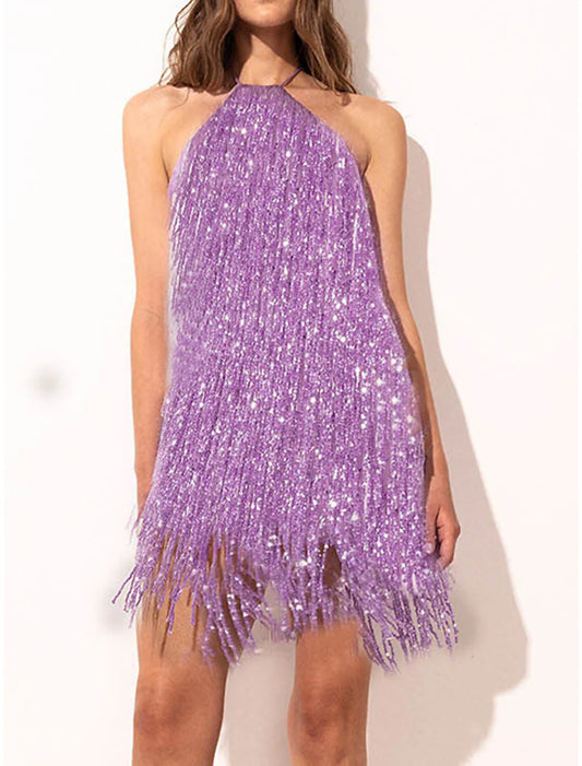 Women's Gold Sequin Dress Fringe Dress Party Dress Sparkly Dress Homecoming Dress Mini Dress Purple Sleeveless Sparkly Glitter Spring Fall Winter Halter Neck Fashion