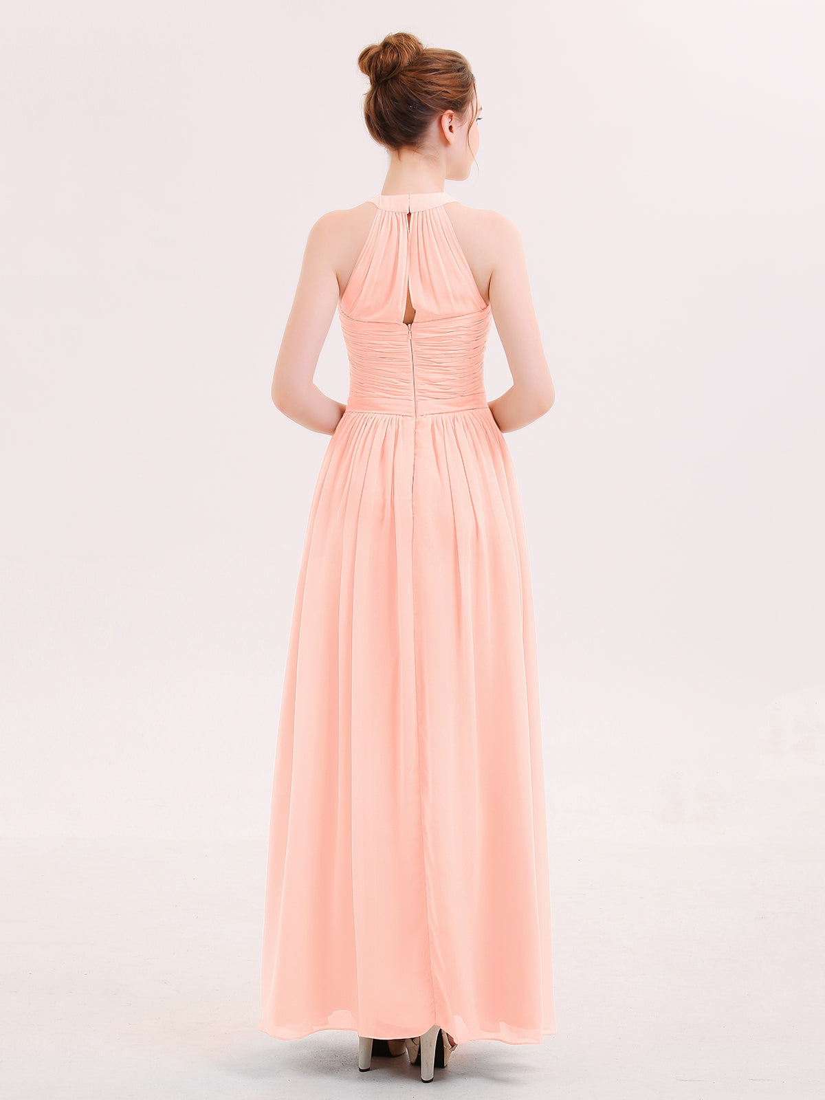 Halter Chiffon Long Bridesmaid Gown with Belt Coral