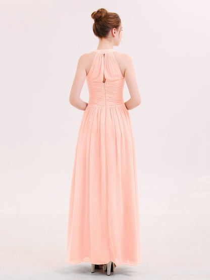 Halter Chiffon Long Bridesmaid Gown with Belt Coral