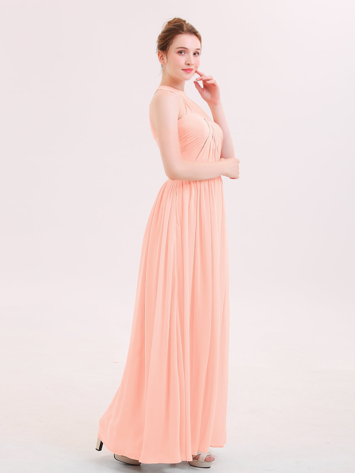 Halter Chiffon Long Bridesmaid Gown with Belt Coral
