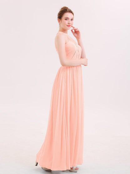 Halter Chiffon Long Bridesmaid Gown with Belt Coral