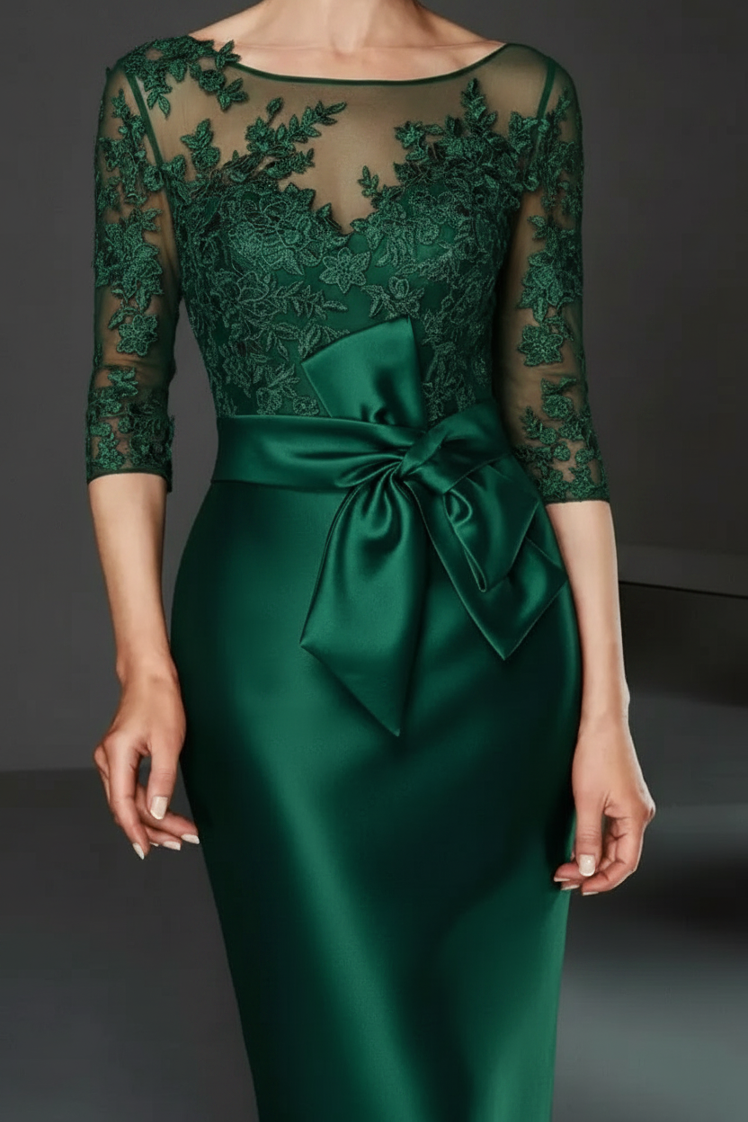 Bateau 3/4 Long Sleeves Satin Mother of the Bride Dresses with Lace