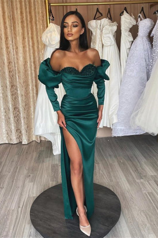 Emerald Evening Dress Prom Dress Long Bubble Sleeves Sweetheart Sequined Evening Gown