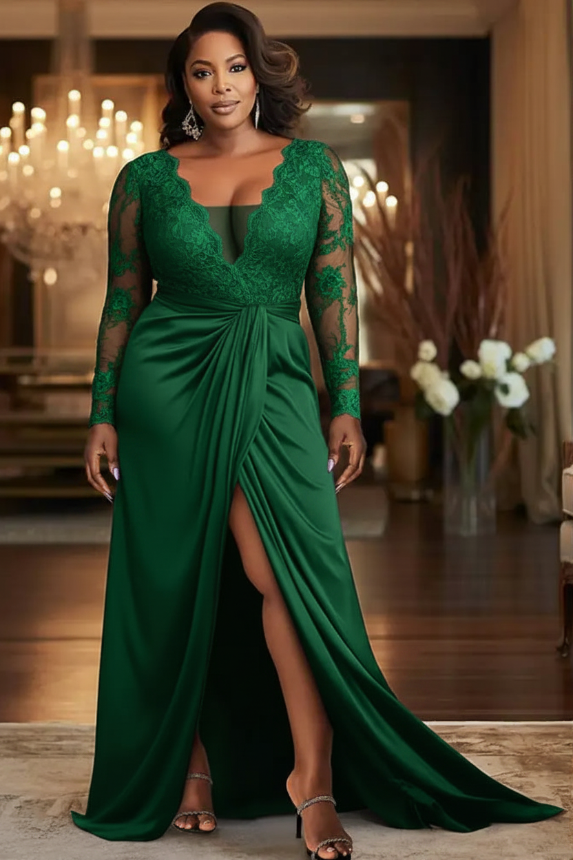 V-Neck Black Mother of the Bride Dress Long Sleeves lace Front Slit Wedding Guest Dress
