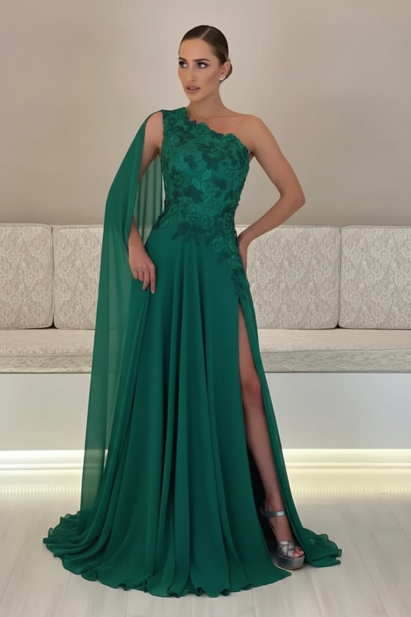One-Shoulder Sleeveless Chiffon Evening Dresses Long with Side Slit