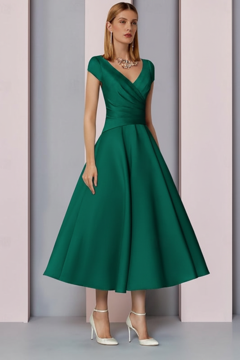 Navy Satin A-Line Mother of the Bride Dress V Neck Tea Length Wedding Guest Dress