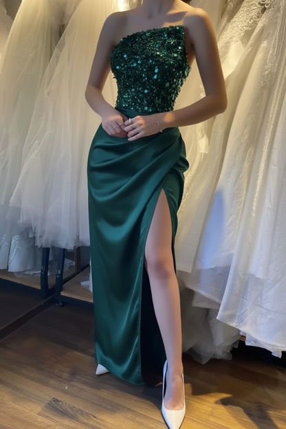 Glamorous Satin Black Prom Dress with Sequins Sleeveless High Slit Evening Dress
