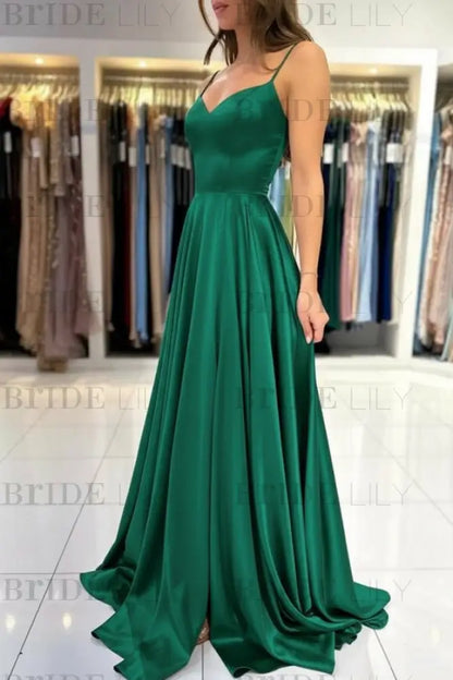 Spaghetti Straps Simple Satin Long Prom Dress with Slit