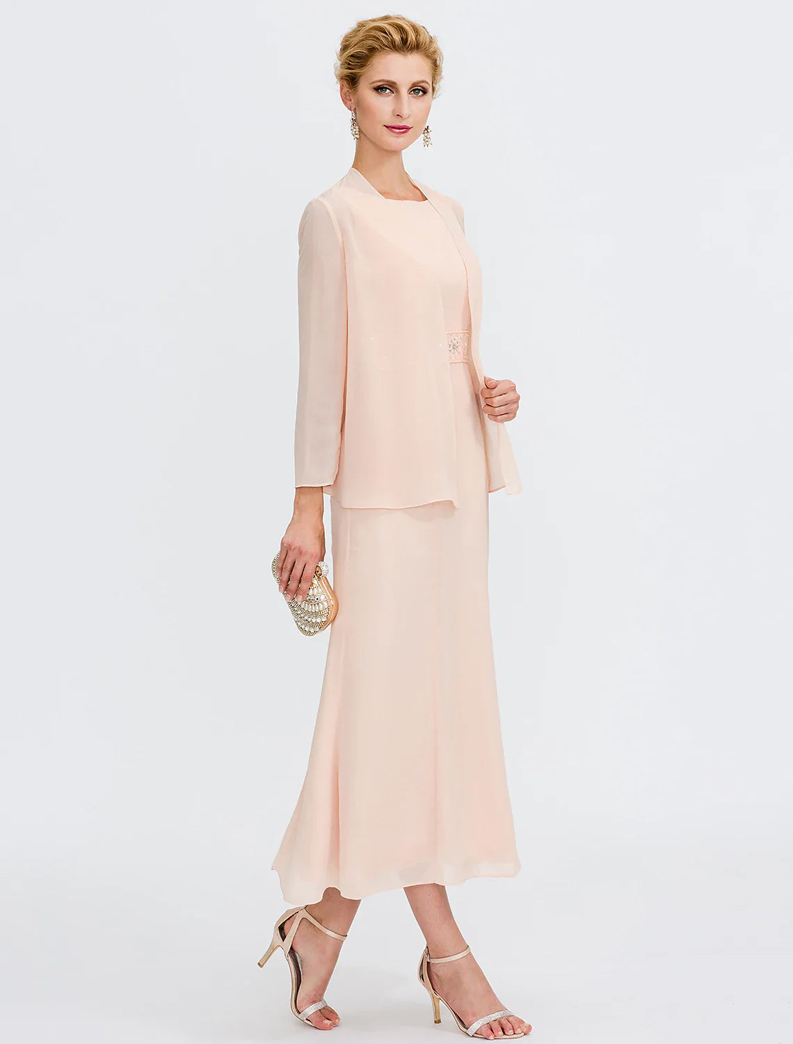 Aimishang  Two Piece Sheath / Column Mother of the Bride Dress Wedding Guest Plus Size Elegant with Jacket Long Sleeve Scoop Neck Tea Length Chiffon Sash / Ribbon Pleats Beadin