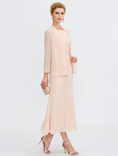 Aimishang  Two Piece Sheath / Column Mother of the Bride Dress Wedding Guest Plus Size Elegant with Jacket Long Sleeve Scoop Neck Tea Length Chiffon Sash / Ribbon Pleats Beadin