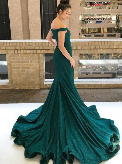 Enchanting Emerald Off-the-Shoulder Sequined Mermaid Evening Gown