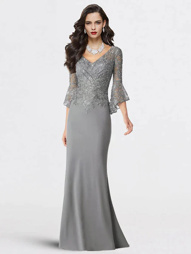 DingjiMermaid / Trumpet Mother of the Bride Dress Plus Size Elegant V Neck Sweep / Brush Train Chiffon Lace 3/4 Length Sleeve with Sequin Appliques
