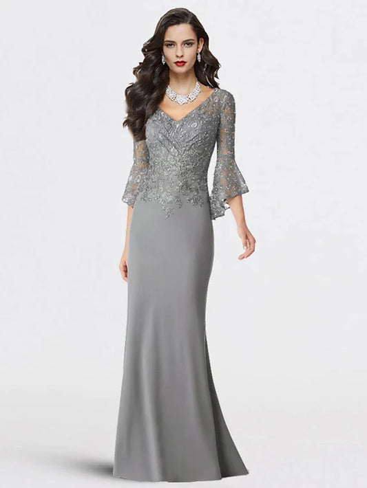 DingjiMermaid / Trumpet Mother of the Bride Dress Plus Size Elegant V Neck Sweep / Brush Train Chiffon Lace 3/4 Length Sleeve with Sequin Appliques