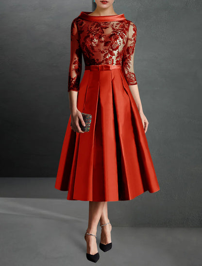 A-Line Cocktail Dress Christmas Red Green Dresses Formal Kentucky Derby Tea Length 3/4 Length Sleeve Jewel Neck Fall Wedding Guest Satin with Pleats Appliques 2025