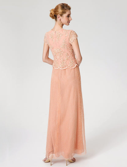 Aimishang  Sheath / Column Mother of the Bride Dress Formal Vintage Inspired Jewel Neck Ankle Length Chiffon Beaded Lace Short Sleeve No with Lace Beading