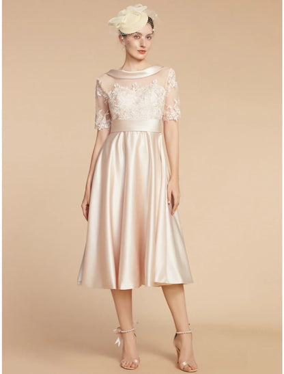 Aimishang  A-Line Mother of the Bride Dress Wedding Guest Elegant Petite Scoop Neck Knee Length Satin Lace Half Sleeve with Appliques Ruching Solid Color