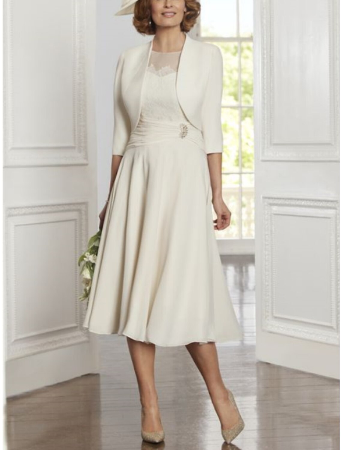 Two Piece A-Line Mother of the Bride Dress Elegant Party Scoop Neck Tea Length Lace  Chiffon 3/4 Length Sleeve with Pleats Crystals