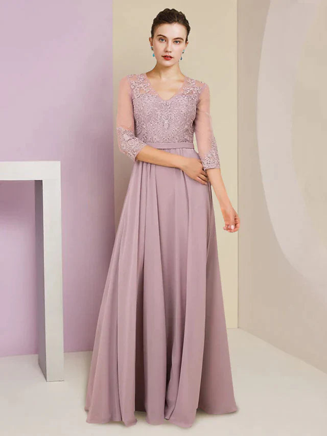 DingjiA-Line Mother of the Bride Dress Formal Wedding Guest Elegant V Neck Floor Length Chiffon Lace 3/4 Length Sleeve with Pleats Appliques