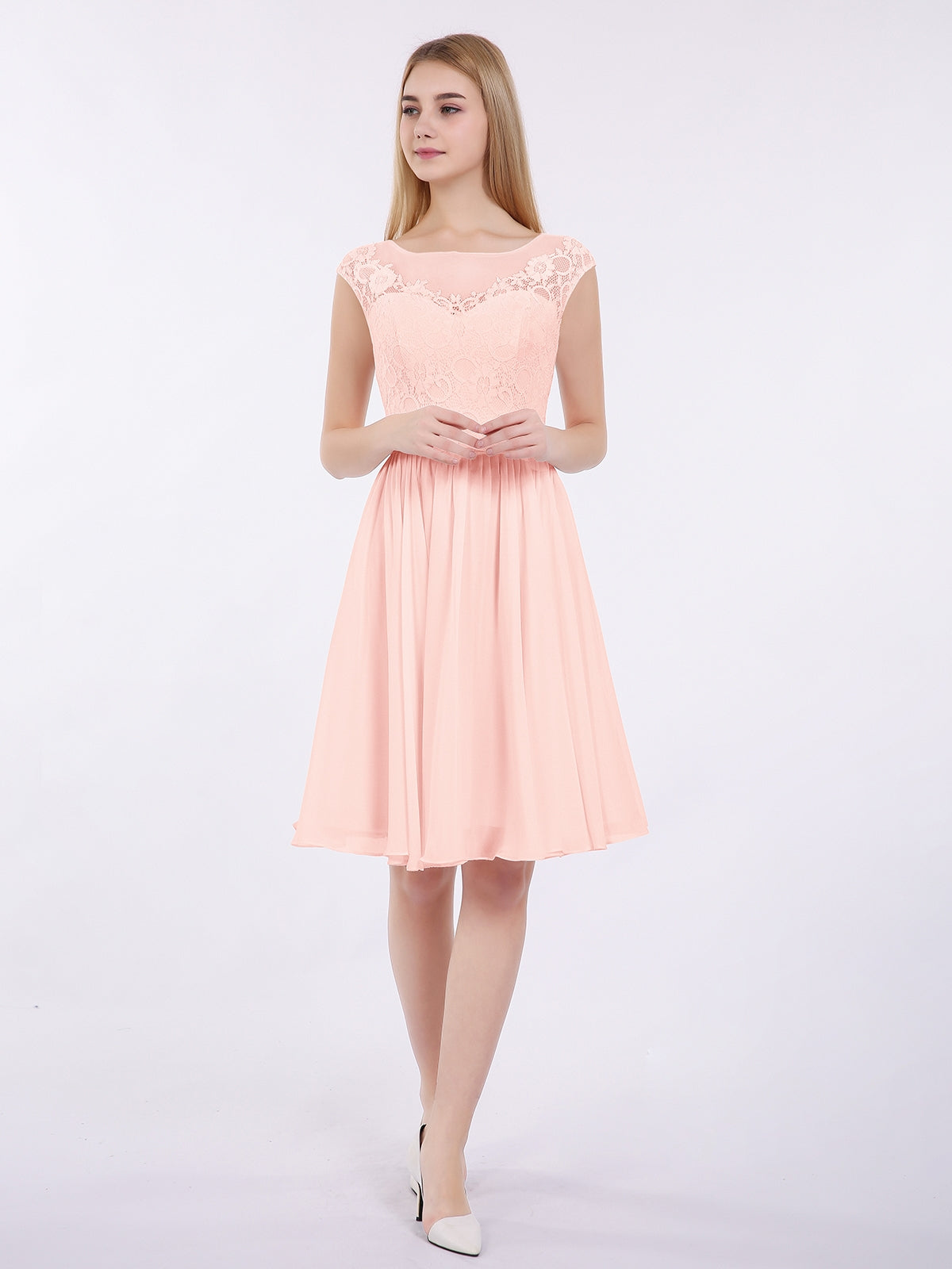 Chiffon and Lace Short Bridesmaid Gown Pearl Pink