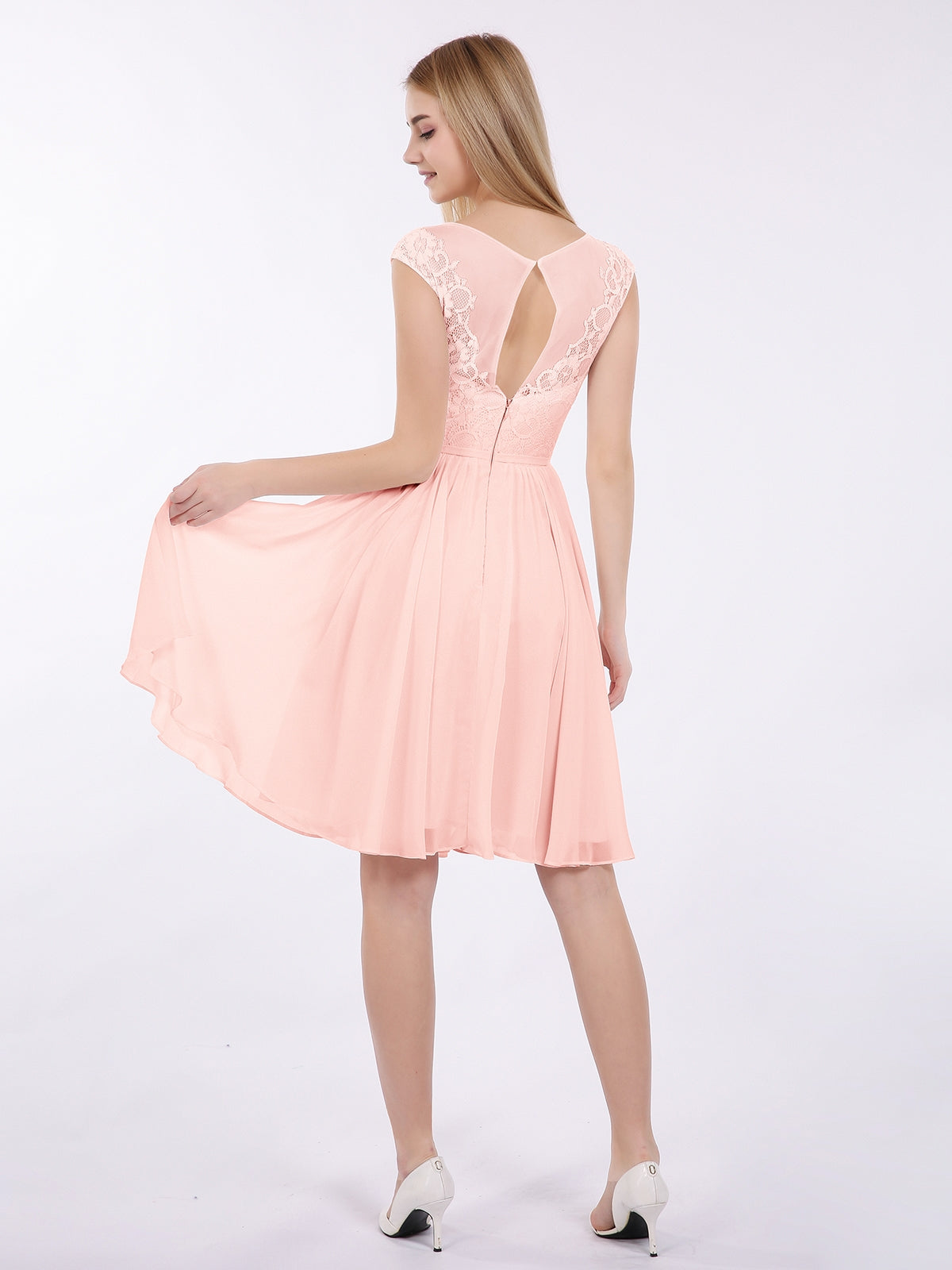 Chiffon and Lace Short Bridesmaid Gown Pearl Pink