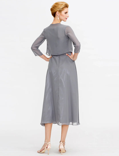 Aimishang A-Line Mother of the Bride Dress Fall Wedding Guest Dresses Plus Size Elegant Illusion Neck Tea Length Chiffon Corded Lace Sleeveless Wrap Included with Lace Pleats