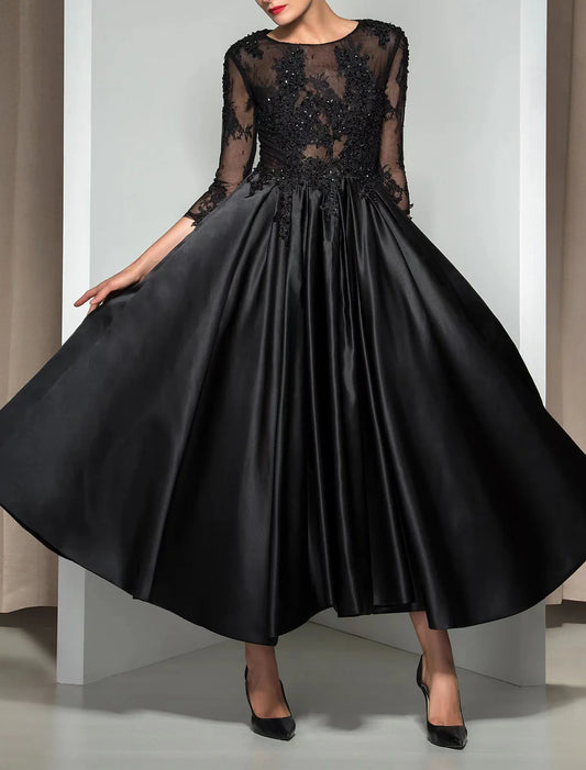Aimishang A-Line Evening Gown Elegant Dress Wedding Guest Cocktail Party Ankle Length 3/4 Length Sleeve Illusion Neck Fall Wedding Guest Satin with Appliques