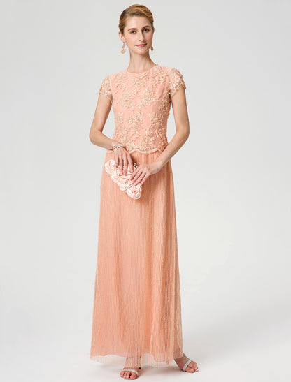 Aimishang Sheath / Column Mother of the Bride Dress Formal Vintage Inspired Jewel Neck Ankle Length Chiffon Beaded Lace Short Sleeve No with Lace Beading
