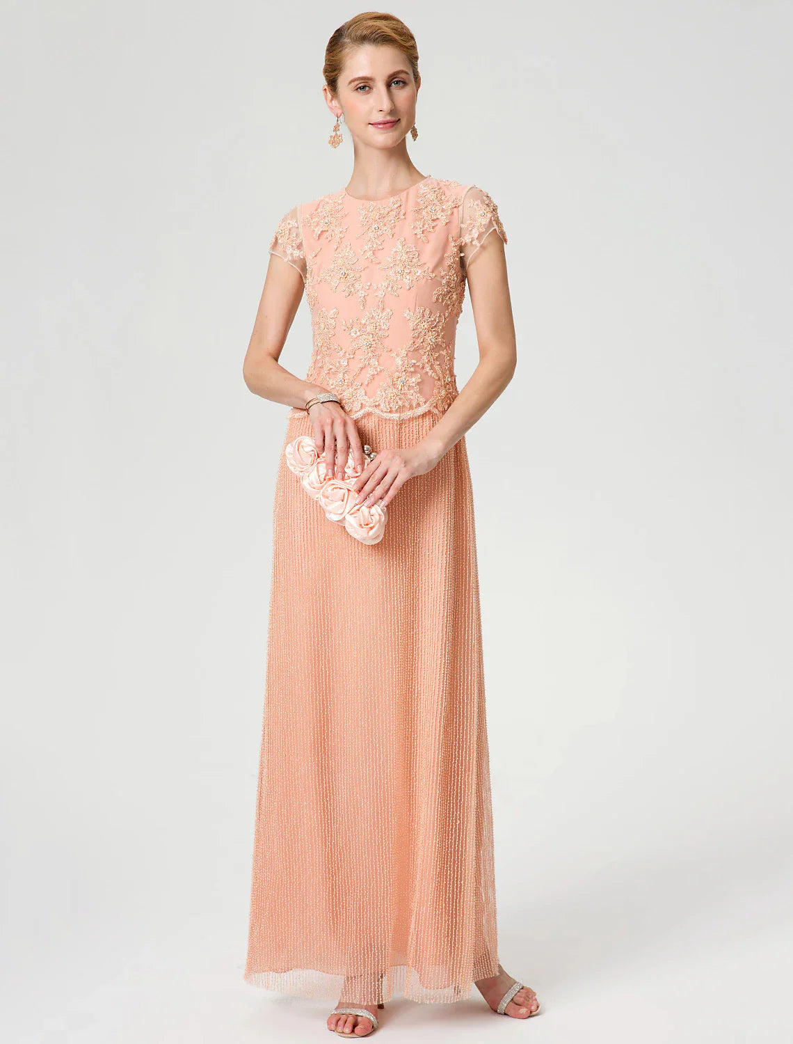 Aimishang  Sheath / Column Mother of the Bride Dress Formal Vintage Inspired Jewel Neck Ankle Length Chiffon Beaded Lace Short Sleeve No with Lace Beading