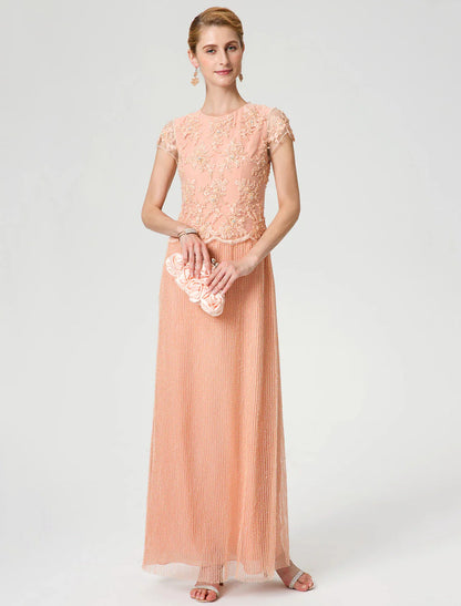 Aimishang  Sheath / Column Mother of the Bride Dress Formal Vintage Inspired Jewel Neck Ankle Length Chiffon Beaded Lace Short Sleeve No with Lace Beading