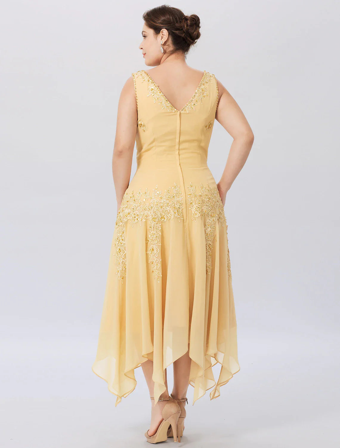Aimishang A-Line Mother of the Bride Dress Formal Plus Size Elegant High Low V Neck Asymmetrical Chiffon Beaded Lace Long Sleeve Wrap Included with Beading Appliques
