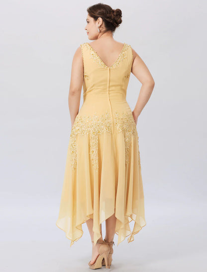 Aimishang A-Line Mother of the Bride Dress Formal Plus Size Elegant High Low V Neck Asymmetrical Chiffon Beaded Lace Long Sleeve Wrap Included with Beading Appliques