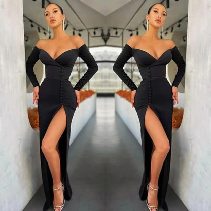 Off-The-Shoulder Black Evening Dress Front Split Prom Dress with Long Sleeves