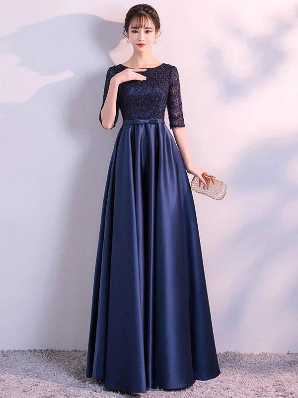 Evening Dresses Dark Navy Long Prom Dress Lace Satin Bow Sash Half Sleeve Formal Gowns