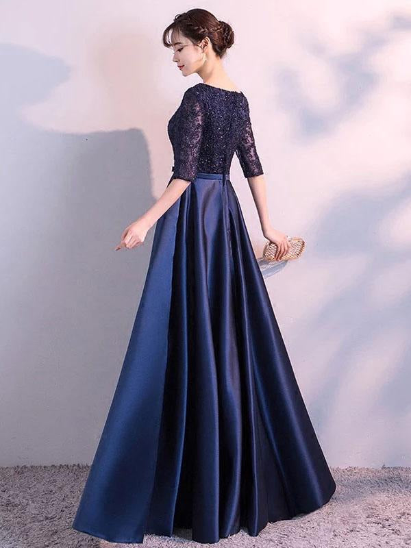Evening Dresses Dark Navy Long Prom Dress Lace Satin Bow Sash Half Sleeve Formal Gowns