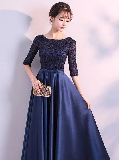Evening Dresses Dark Navy Long Prom Dress Lace Satin Bow Sash Half Sleeve Formal Gowns