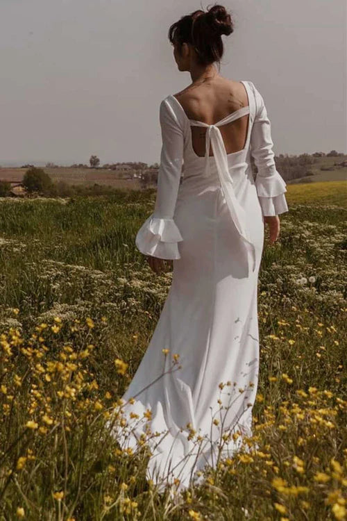 Aimishang Elegant White Square Neck Long Sleeve Long Wedding Dress with Slit