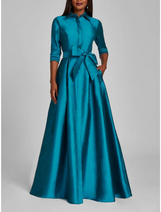 Satin A-Line Evening Gown Champagne Gold Minimalist Black Christmas Red Green Dress Dress Formal Fall Floor Length Half Sleeve Shirt Collar with Bow(s) Pleats 2025