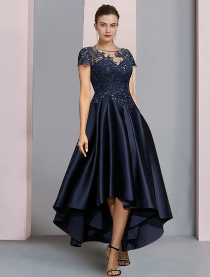 Aimishang  A-Line Mother of the Bride Dress Formal Wedding Guest Party Elegant High Low Scoop Neck Asymmetrical Tea Length Satin Lace Half Sleeve with Sequin Appliques