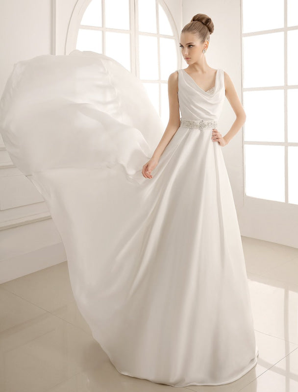 Exclusive Pleated Satin Aline Wedding Dress With Train